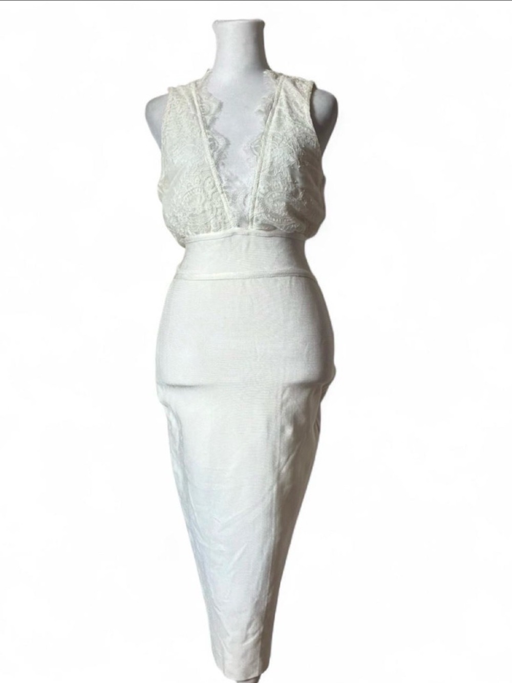 House of CB Ria Ivory Lace Plunge Bridal Cocktail Bodycon Midi Dress Size Small - Picture 2 of 9